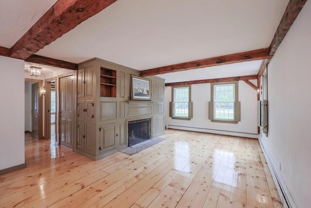 649 S Main St, Raynham, MA 02767 - unfurnished living room with beam ceiling, light wood finished floors, a baseboard radiator, a fireplace, and baseboards
