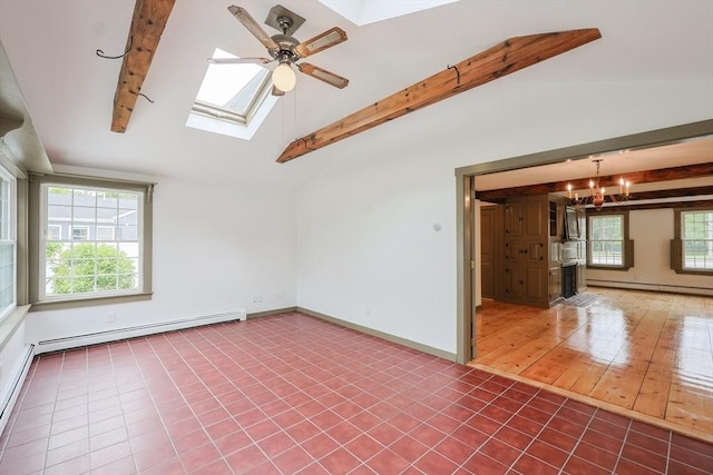 649 S Main St, Raynham, MA 02767 - empty room with a skylight, a baseboard heating unit, tile patterned flooring, and ceiling fan