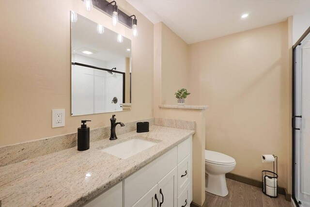 649 S Main St, Raynham, MA 02767 - bathroom featuring wood finished floors, a shower with shower door, toilet, and vanity