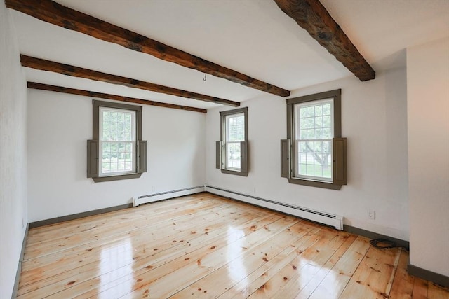 649 S Main St, Raynham, MA 02767 - empty room with a baseboard heating unit, beamed ceiling, light wood-style floors, and baseboards