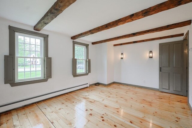 649 S Main St, Raynham, MA 02767 - unfurnished room featuring a baseboard radiator, beamed ceiling, and light wood-style floors