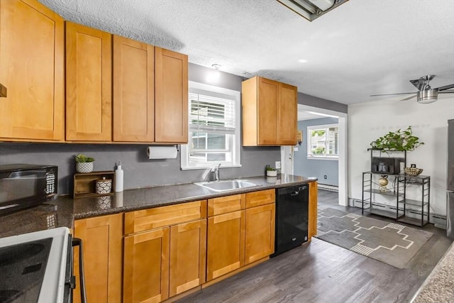59 Kulig St, Springfield, MA 01104 - kitchen with black appliances, a sink, dark wood-style flooring, ceiling fan, and dark countertops