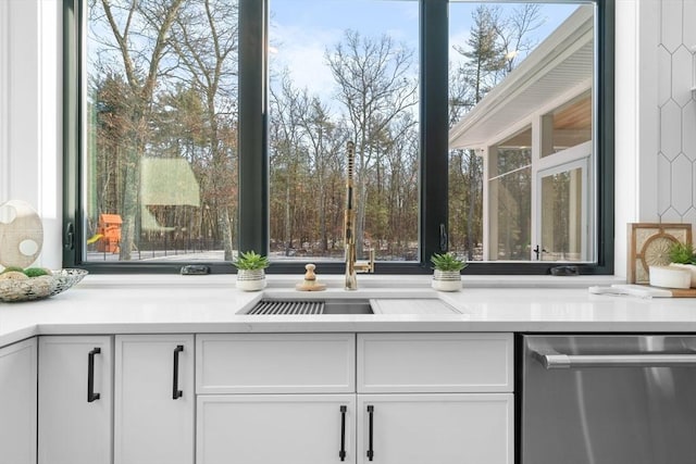 room details featuring stainless steel dishwasher and white cabinets