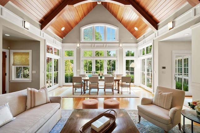 sunroom / solarium with wooden ceiling and vaulted ceiling with beams