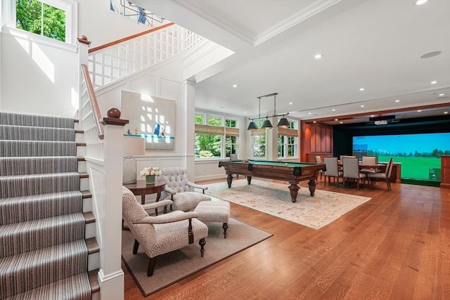 game room featuring pool table, recessed lighting, and wood finished floors