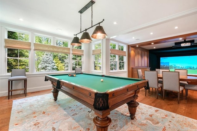 playroom featuring recessed lighting, pool table, crown molding, and wood finished floors