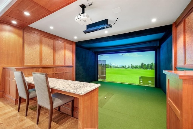 home theater room featuring recessed lighting and golf simulator