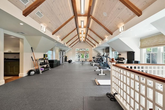 exercise room featuring visible vents, high vaulted ceiling, and wooden ceiling