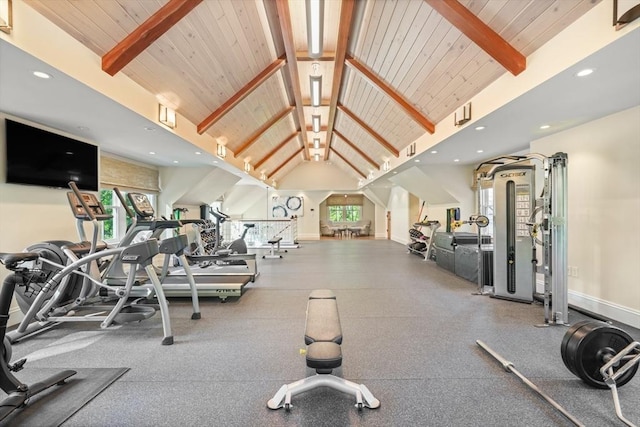 gym with visible vents, baseboards, high vaulted ceiling, recessed lighting, and wood ceiling