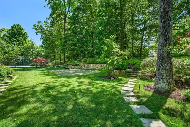 view of yard featuring basketball hoop