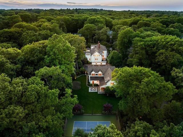 aerial view at dusk with a forest view