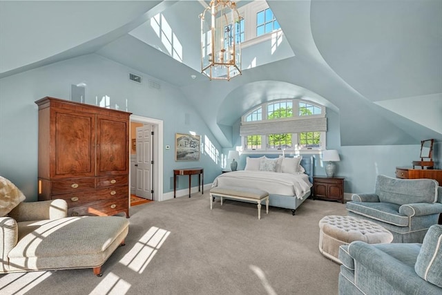 bedroom featuring baseboards, visible vents, high vaulted ceiling, light carpet, and a chandelier