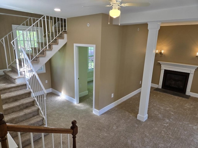 531 Foundry St Unit B, Easton, MA 02356 - unfurnished living room with carpet floors, stairs, a fireplace, baseboards, and ceiling fan