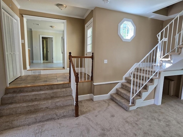 531 Foundry St Unit B, Easton, MA 02356 - stairway featuring baseboards, ornamental molding, and carpet flooring