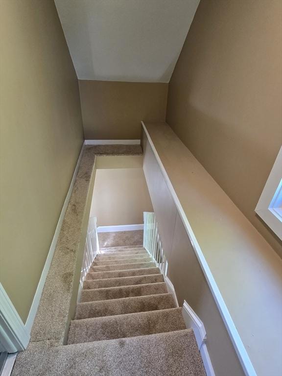 staircase featuring baseboards and carpet