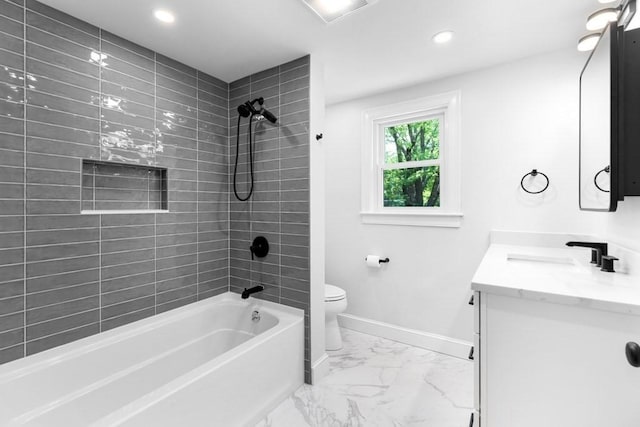 bathroom with baseboards, toilet, vanity, shower / bathtub combination, and marble finish floor