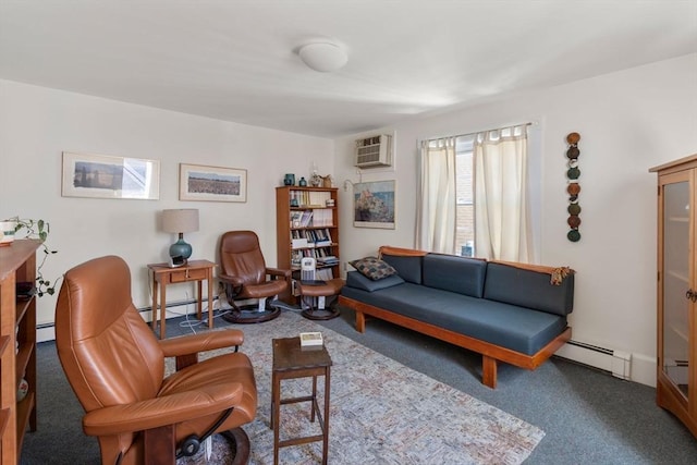 113 Belmont St, Belmont, MA 02478 - living area featuring a baseboard radiator, carpet flooring, and a wall unit AC