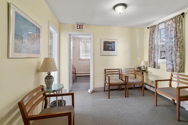 113 Belmont St, Belmont, MA 02478 - living area featuring carpet floors, a baseboard radiator, and baseboards