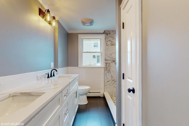 bathroom with toilet, a shower, baseboard heating, ornamental molding, and vanity