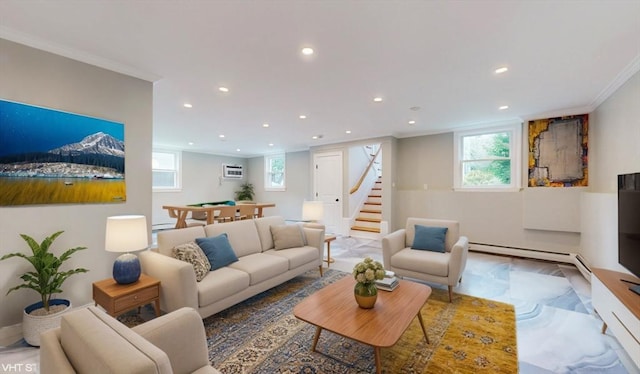 living room with billiards, ornamental molding, baseboard heating, and a wall mounted AC