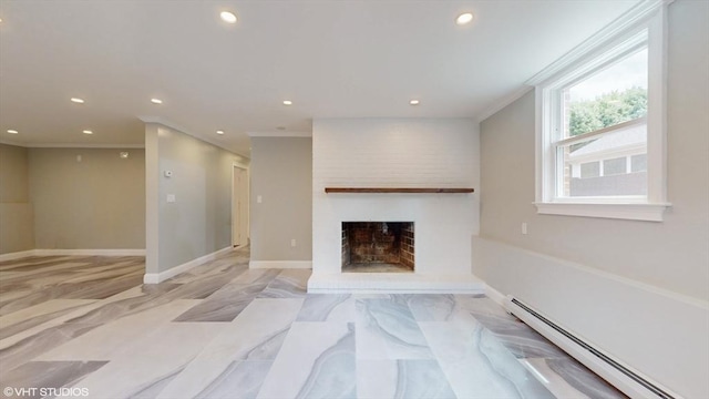 unfurnished living room featuring a large fireplace, a baseboard heating unit, and crown molding