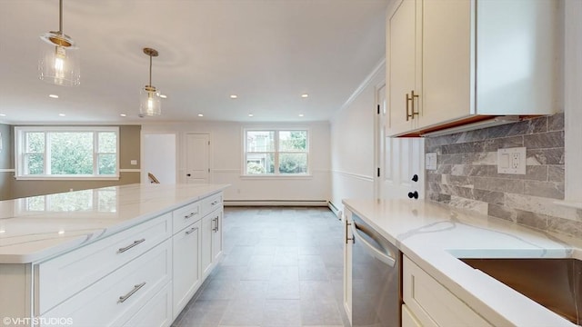 kitchen with light stone countertops, dishwasher, hanging light fixtures, decorative backsplash, and a baseboard radiator