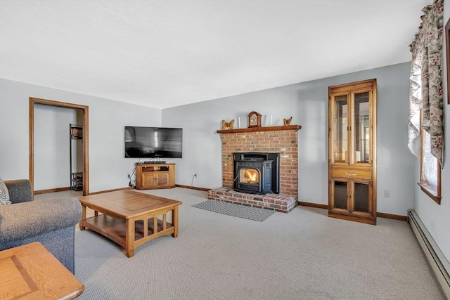 carpeted living area featuring a baseboard heating unit and baseboards