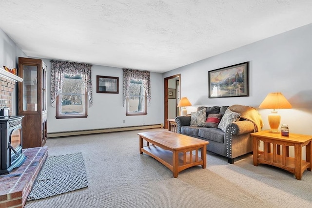 living room with a wood stove, light colored carpet, a textured ceiling, and baseboard heating