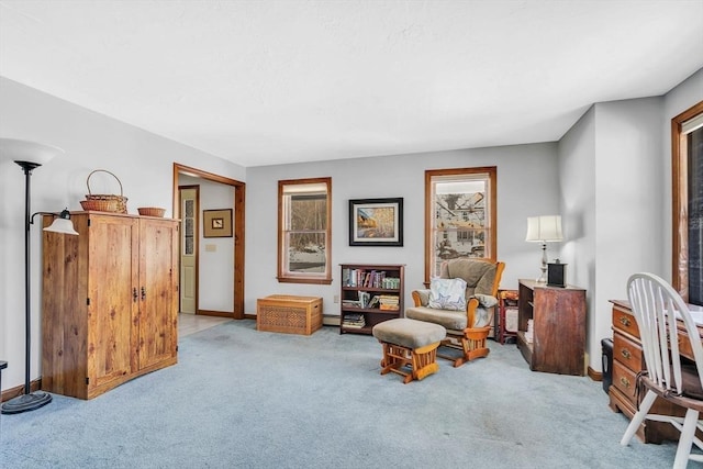 living area with light carpet and baseboards