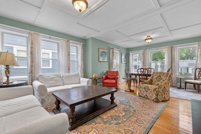 24-26 Lincoln St, North Andover, MA 01845 - living room with coffered ceiling and light wood finished floors