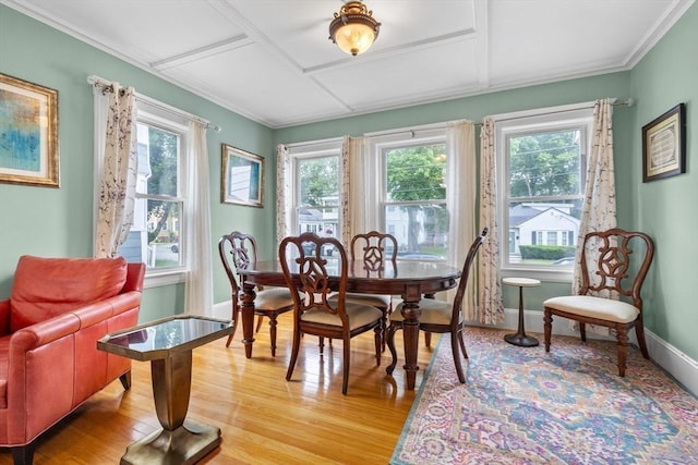 24-26 Lincoln St, North Andover, MA 01845 - dining space featuring light wood-type flooring, coffered ceiling, and ornamental molding