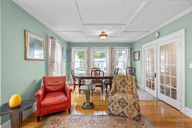 24-26 Lincoln St, North Andover, MA 01845 - living area featuring french doors, wood finished floors, coffered ceiling, and crown molding