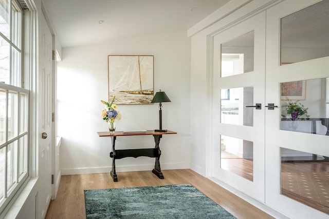 doorway with plenty of natural light, light hardwood / wood-style floors, and french doors