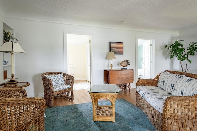 living room featuring hardwood / wood-style flooring and a textured ceiling