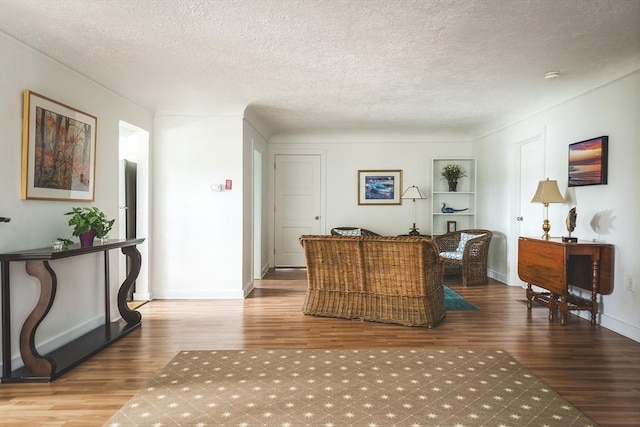 living room featuring wood-type flooring and a textured ceiling