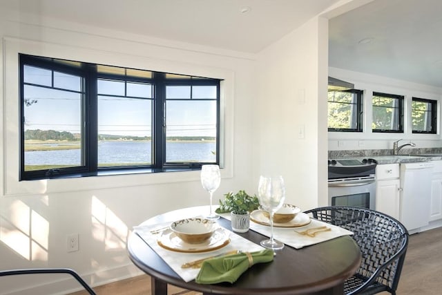 dining room with a water view, light wood-type flooring, and sink