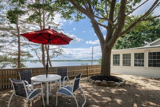 view of patio with a water view