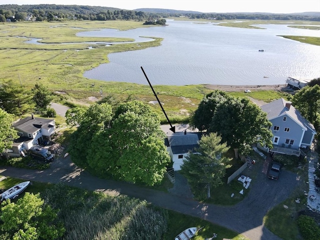 bird's eye view with a water view