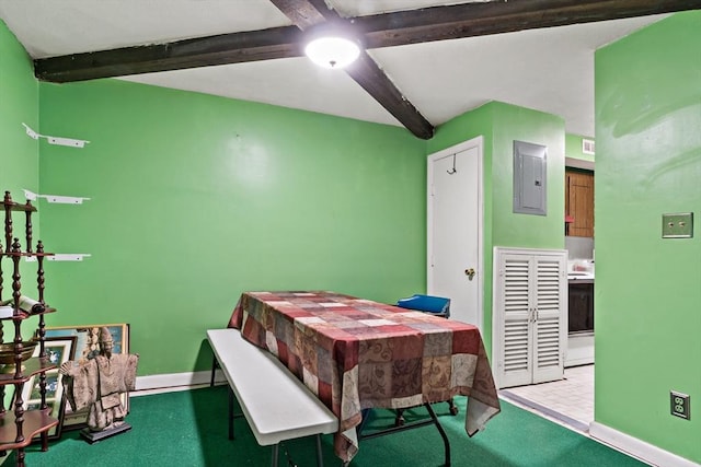 dining area with carpet, electric panel, baseboards, and beam ceiling