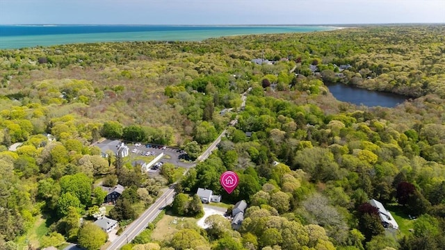 drone / aerial view of a heavily wooded area and a nearby body of water