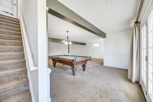 game room featuring pool table, carpet floors, and beam ceiling