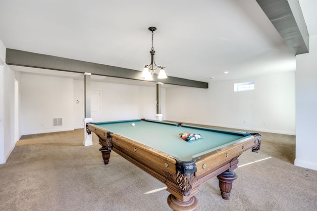 game room featuring pool table and light carpet