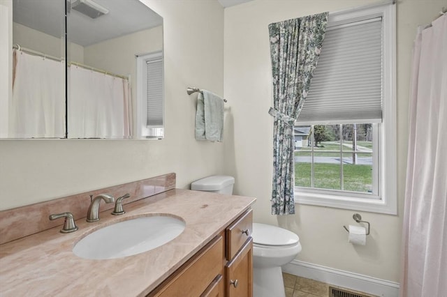full bathroom with toilet, visible vents, baseboards, tile patterned flooring, and vanity