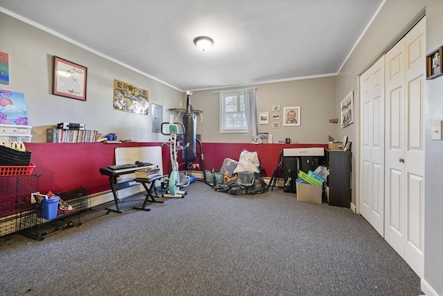 1249-1251 Rockdale Ave, New Bedford, MA 02740 - workout area with carpet flooring, ornamental molding, electric panel, and a baseboard heating unit