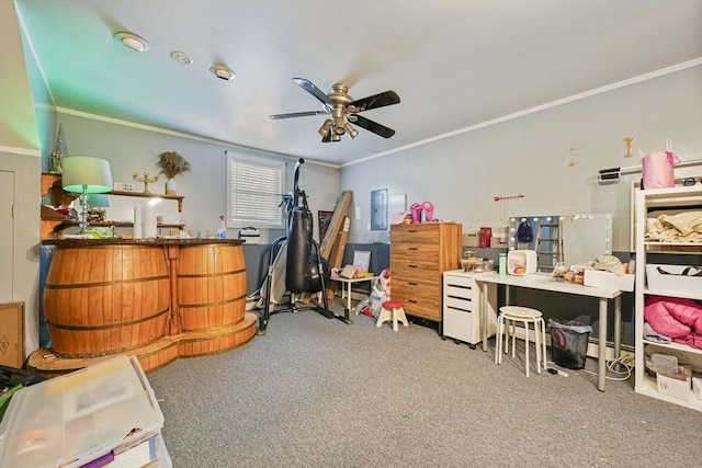 1249-1251 Rockdale Ave, New Bedford, MA 02740 - home office with carpet floors, ceiling fan, and ornamental molding
