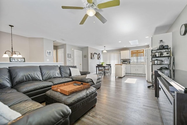 1249-1251 Rockdale Ave, New Bedford, MA 02740 - living area with a chandelier, wood finished floors, a ceiling fan, and recessed lighting