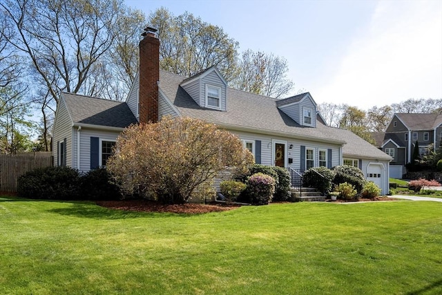 cape cod house featuring a chimney, roof with shingles, fence, a front lawn, and an attached garage
