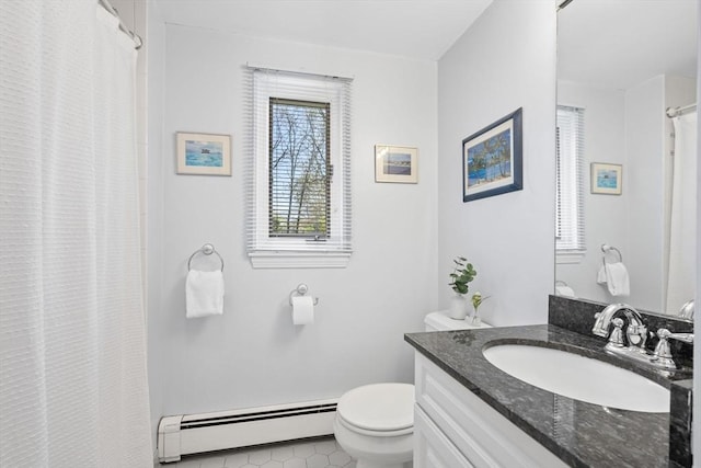 bathroom featuring a shower with curtain, vanity, a baseboard heating unit, and toilet