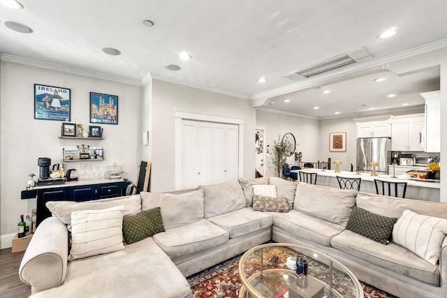 23 Dix St Unit 1, Boston, MA 02122 - living area with wood finished floors, recessed lighting, crown molding, baseboards, and attic access