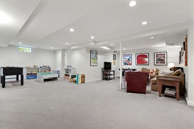 rec room with light colored carpet, recessed lighting, and baseboards
